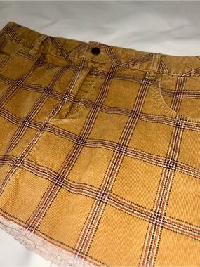 BDG Mustard Plaid Corduroy Mini Skirt with Red and Black Windowpane